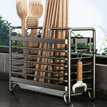 Cutlery Holder - Kitchen Organizer - Cutlery Tray - Countertop Organizer - Utensil Holder - Cutlery Rack - Cutlery Drainer - Spoon Holder - Drying Rack - Kitchen Accessories - With Drip Tray and Hooks - Metal - White - 1 Piece.