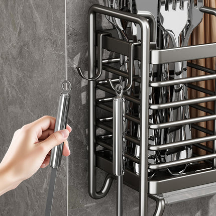 Cutlery Holder - Kitchen Organizer - Cutlery Tray - Countertop Organizer - Utensil Holder - Cutlery Rack - Cutlery Drainer - Spoon Holder - Drying Rack - Kitchen Accessories - With Drip Tray and Hooks - Metal - White - 1 Piece.