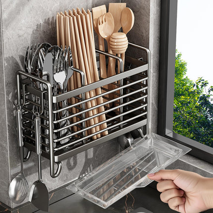 Cutlery Holder - Kitchen Organizer - Cutlery Tray - Countertop Organizer - Utensil Holder - Cutlery Rack - Cutlery Drainer - Spoon Holder - Drying Rack - Kitchen Accessories - With Drip Tray and Hooks - Metal - White - 1 Piece.