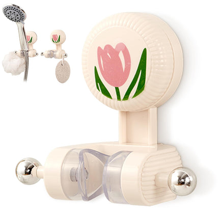 Shower Head Holder - Shower Head Holder - Hand Shower Holder - Bathroom Accessories - Shower Holder - Bathroom Organizer - Hanging System - Wall Bracket - Shower Head Mount - With Hooks - Tulip Design - Self-Adhesive Without Drilling - Beige With Pink - 1.