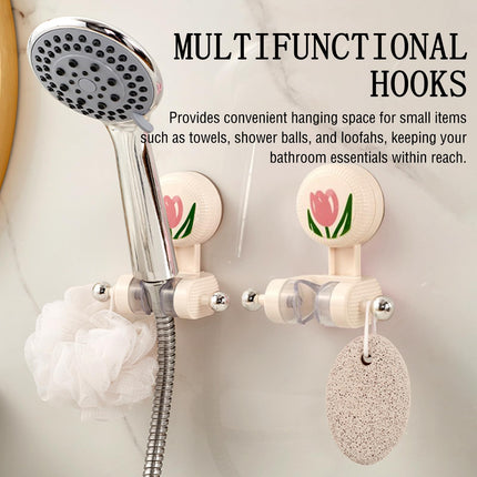Shower Head Holder - Shower Head Holder - Hand Shower Holder - Bathroom Accessories - Shower Holder - Bathroom Organizer - Hanging System - Wall Bracket - Shower Head Mount - With Hooks - Tulip Design - Self-Adhesive Without Drilling - Beige With Pink - 1.