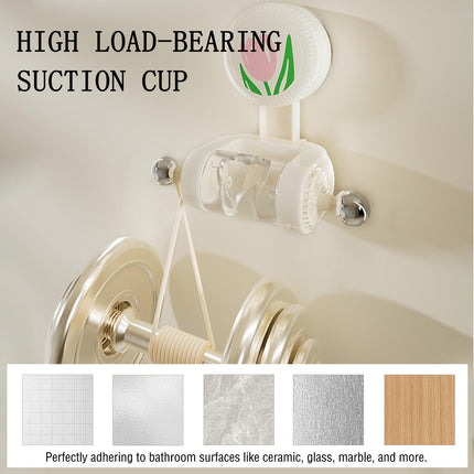 Shower Head Holder - Shower Head Holder - Hand Shower Holder - Bathroom Accessories - Shower Holder - Bathroom Organizer - Hanging System - Wall Bracket - Shower Head Mount - With Hooks - Tulip Design - Self-Adhesive Without Drilling - Beige With Pink - 1.