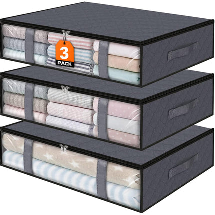 Clothing Storage Bag - Underbed Storage Box - Wardrobe Organizer - Duvet Storage Bag - Large Textile Storage Box - Foldable Storage Bags - Bedding Basket - Clothing Storage - Pillow Bag - Underbed Box Fabric - Storage - Gray - 3 Pieces.
