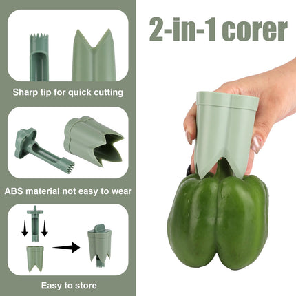 Bell Pepper Pitter - Jalapeño Pepper Drill - Chili Pepper Core Remover - Universal Vegetable Cutter - Kitchen Utensils - Bell Pepper Drill - Seed Remover - Handy Kitchen Aid - Fruit and Vegetable Tool - Kitchen Accessories - Green - 2 Pieces.