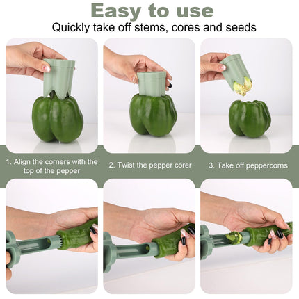 Bell Pepper Pitter - Jalapeño Pepper Drill - Chili Pepper Core Remover - Universal Vegetable Cutter - Kitchen Utensils - Bell Pepper Drill - Seed Remover - Handy Kitchen Aid - Fruit and Vegetable Tool - Kitchen Accessories - Green - 2 Pieces.