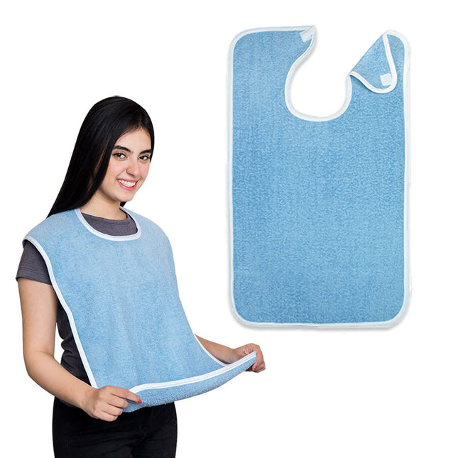 Adult Bib - Clothing Protector - Senior Eating Apron - Large Bib - Terrycloth Eating Bib - Washable Clothing Protector - Eating and Drinking Aids - Waterproof Lining - Neck Closure - Reusable - Blue - Pack of 2.