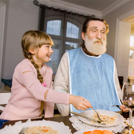 Adult Bib - Clothing Protector - Senior Eating Apron - Large Bib - Terrycloth Eating Bib - Washable Clothing Protector - Eating and Drinking Aids - Waterproof Lining - Neck Closure - Reusable - Blue - Pack of 2.