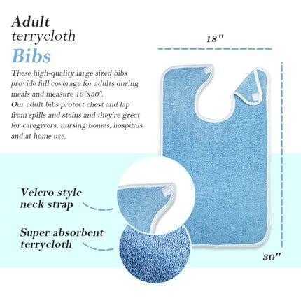 Adult Bib - Clothing Protector - Senior Eating Apron - Large Bib - Terrycloth Eating Bib - Washable Clothing Protector - Eating and Drinking Aids - Waterproof Lining - Neck Closure - Reusable - Blue - Pack of 2.