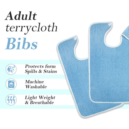 Adult Bib - Clothing Protector - Senior Eating Apron - Large Bib - Terrycloth Eating Bib - Washable Clothing Protector - Eating and Drinking Aids - Waterproof Lining - Neck Closure - Reusable - Blue - Pack of 2.