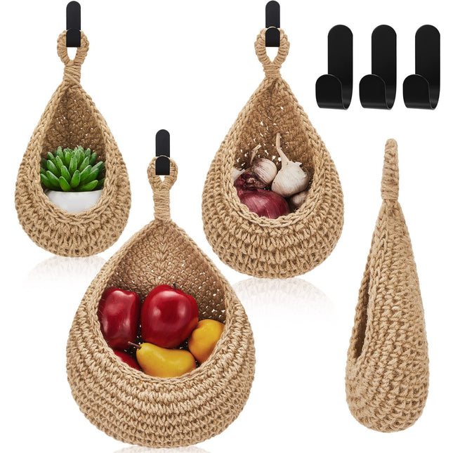 Jute Wall Basket - Hanging Storage Basket - Hanging Fruit Basket - Boho Interior - Wall Plant Basket - Kitchen Accessories - Bathroom Organizer - Vegetable Storage Bag - Woven Baskets - Wall Decoration - With Hanging Hooks - 3 Sizes - Brown - 3 Pieces.