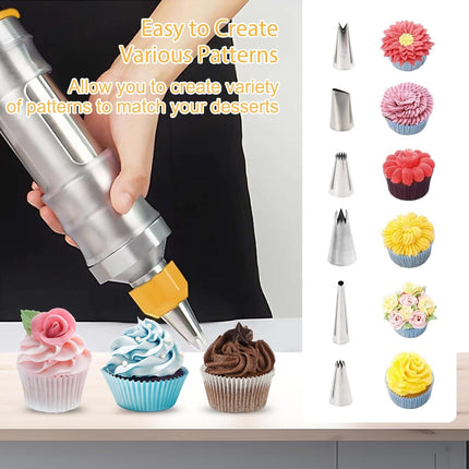 Whipped Cream Maker - Garnishing Syringe - Nozzle Set - Cake Decorating - Stainless Steel Nozzles - Cookie Press - Cupcake Decorating - Baking Tools - Professional Piping Bag Alternative - Kitchen Utensils - Baking Supplies - Silver - 1 Piece.