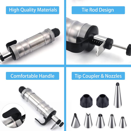 Whipped Cream Maker - Garnishing Syringe - Nozzle Set - Cake Decorating - Stainless Steel Nozzles - Cookie Press - Cupcake Decorating - Baking Tools - Professional Piping Bag Alternative - Kitchen Utensils - Baking Supplies - Silver - 1 Piece.
