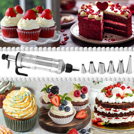 Whipped Cream Maker - Garnishing Syringe - Nozzle Set - Cake Decorating - Stainless Steel Nozzles - Cookie Press - Cupcake Decorating - Baking Tools - Professional Piping Bag Alternative - Kitchen Utensils - Baking Supplies - Silver - 1 Piece.