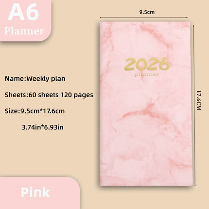 Pocket diary 2026 - A6 diary - Weekly planner - Yearly planner - Organizer - Planner book - 2026 diary for women - School diary - Weekly diary - Compact diary - Diary - Planning tool - Small diary - Marble design - Pink - 1 piece.