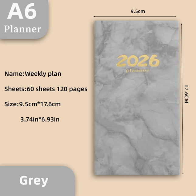Pocket diary 2026 - A6 diary - Weekly planner - Yearly planner - Organizer - Planner book - 2026 diary for women - School diary - Weekly diary - Compact diary - Diary - Planning tool - Small diary - Marble design - Gray - 1 piece.