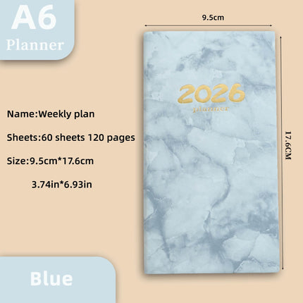 Pocket diary 2026 - A6 diary - Weekly planner - Yearly planner - Organizer - Planner book - 2026 diary for women - School diary - Weekly diary - Compact diary - Diary - Planning tool - Small diary - Marble design - Blue - 1 piece.