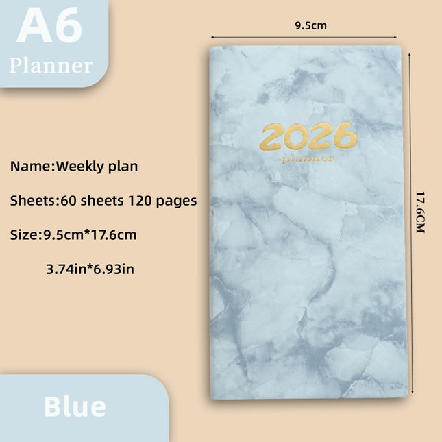 Pocket diary 2026 - A6 diary - Weekly planner - Yearly planner - Organizer - Planner book - 2026 diary for women - School diary - Weekly diary - Compact diary - Diary - Planning tool - Small diary - Marble design - Blue - 1 piece.