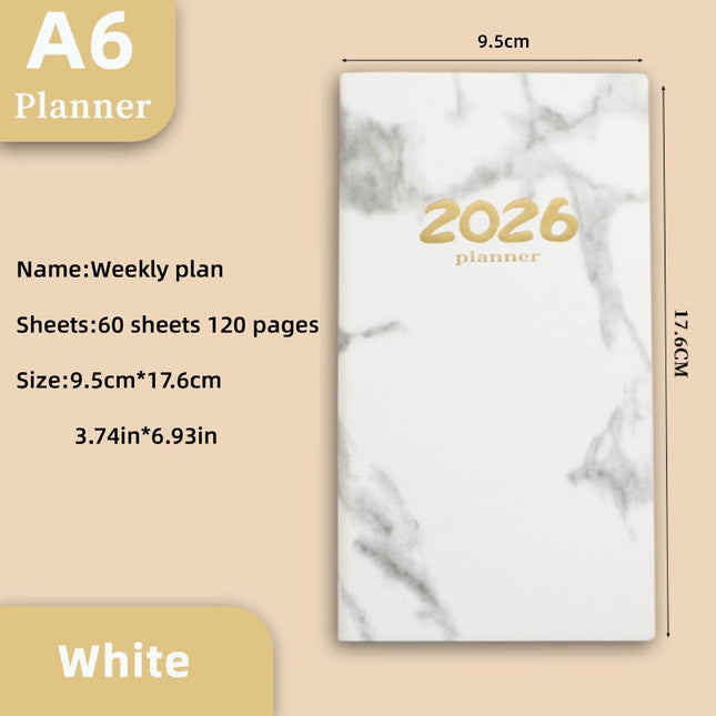 Pocket diary 2026 - A6 diary - Weekly planner - Yearly planner - Organizer - Planner book - 2026 diary for women - School diary - Weekly diary - Compact diary - Diary - Planning tool - Small diary - Marble design - White - 1 piece.