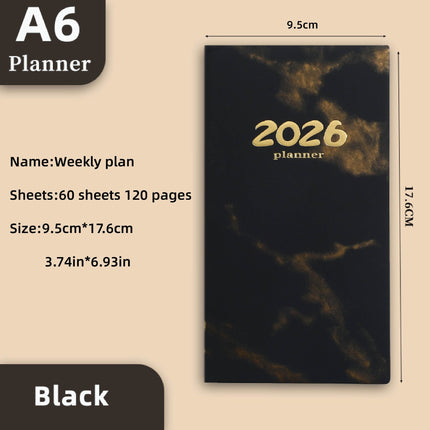 Pocket diary 2026 - A6 diary - Weekly planner - Yearly planner - Organizer - Planner book - 2026 diary for women - School diary - Weekly diary - Compact diary - Diary - Planning tool - Small diary - Marble design - Black - 1 piece.