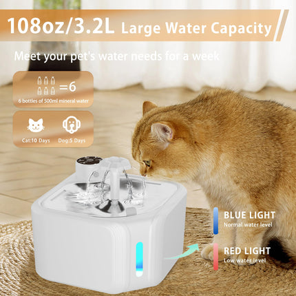 Cat Drinking Fountain - Water Fountain - Dog Drinking Bowl - Automatic Drinking Bowl - Cat Fountain - Dog Fountain - Water Dispenser - Whisper-Quiet - Includes 8 Filters - LED Lighting - Water Bowl - Pet Accessories - 2.8 Liters - White - 1 Piece.