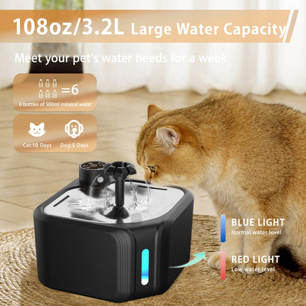 Cat Drinking Fountain - Water Fountain - Dog Drinking Bowl - Automatic Drinking Bowl - Cat Fountain - Dog Fountain - Water Dispenser - Whisper-Quiet - Includes 8 Filters - LED Lighting - Water Bowl - Pet Accessories - 2.8 Liters - Black - 1 Piece.