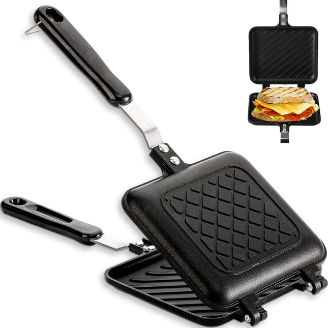 Sandwich Iron - Sandwich Maker - Grill Pan - Camping Sandwich Iron - Panini Grill - Frying Pan - Gas Stove Pan - Double-Sided Pan - Non-Stick Coating - Sandwich Clamp - Manual Toaster - Toaster - Breakfast Making - Kitchen - Black - 1 Piece.