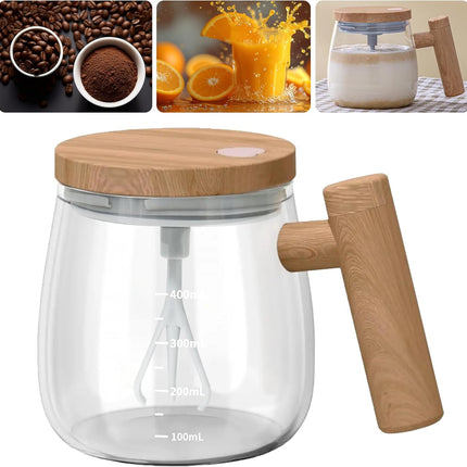 Self-Stirring Mug - Coffee Mug - Mixing Cup - Electric Mixing Cup - Automatic Stirring Cup - Milk Frother - Drink Mixer - Magnetic Cup - Shaker - Kitchen Gadgets - Coffee Accessories - Glass - Wood Design - Brown - 1 piece.