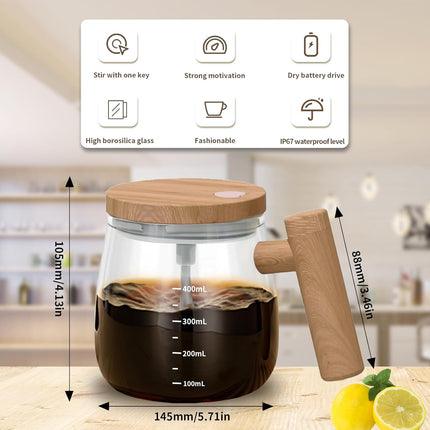 Self-Stirring Mug - Coffee Mug - Mixing Cup - Electric Mixing Cup - Automatic Stirring Cup - Milk Frother - Drink Mixer - Magnetic Cup - Shaker - Kitchen Gadgets - Coffee Accessories - Glass - Wood Design - Brown - 1 piece.