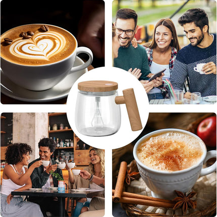 Self-Stirring Mug - Coffee Mug - Mixing Cup - Electric Mixing Cup - Automatic Stirring Cup - Milk Frother - Drink Mixer - Magnetic Cup - Shaker - Kitchen Gadgets - Coffee Accessories - Glass - Wood Design - Brown - 1 piece.