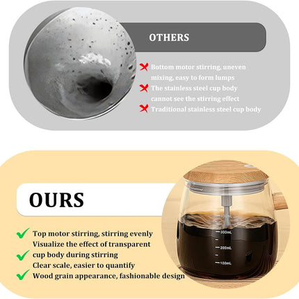 Self-Stirring Mug - Coffee Mug - Mixing Cup - Electric Mixing Cup - Automatic Stirring Cup - Milk Frother - Drink Mixer - Magnetic Cup - Shaker - Kitchen Gadgets - Coffee Accessories - Glass - Wood Design - Brown - 1 piece.