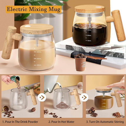 Self-Stirring Mug - Coffee Mug - Mixing Cup - Electric Mixing Cup - Automatic Stirring Cup - Milk Frother - Drink Mixer - Magnetic Cup - Shaker - Kitchen Gadgets - Coffee Accessories - Glass - Wood Design - Brown - 1 piece.