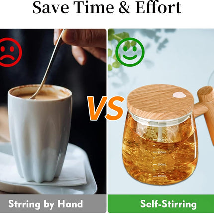 Self-Stirring Mug - Coffee Mug - Mixing Cup - Electric Mixing Cup - Automatic Stirring Cup - Milk Frother - Drink Mixer - Magnetic Cup - Shaker - Kitchen Gadgets - Coffee Accessories - Glass - Wood Design - Brown - 1 piece.