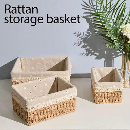 Storage Basket - Basket Set - Wicker Basket - Woven Basket - Cabinet Basket - Bathroom Basket - Storage Box - Drawer Organizer - Living Room - Bedroom - Bathroom Accessories - With Fabric Lining - Floral Print - Country Style - 3 Sizes - Natural - 3 Piece.