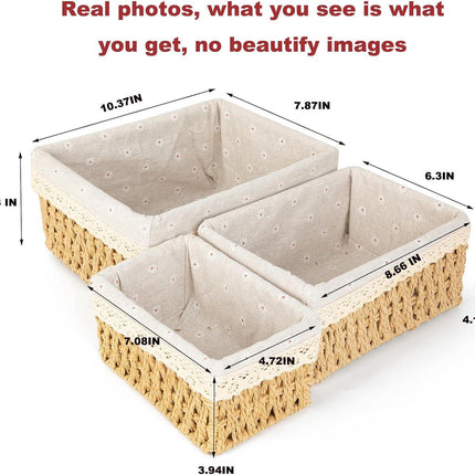 Storage Basket - Basket Set - Wicker Basket - Woven Basket - Cabinet Basket - Bathroom Basket - Storage Box - Drawer Organizer - Living Room - Bedroom - Bathroom Accessories - With Fabric Lining - Floral Print - Country Style - 3 Sizes - Natural - 3 Piece.
