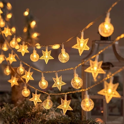 Fairy Lights - Mood Lighting - Indoor Christmas Lights - Fairy Lights - Stars and Bulbs - Party Lights - Living Room Decoration - Bedroom - Battery Operated - LED Lighting - Christmas Lights - 3 Meters - 20 Lights - Warm White - 1 Piece.