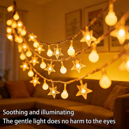 Fairy Lights - Mood Lighting - Indoor Christmas Lights - Fairy Lights - Stars and Bulbs - Party Lights - Living Room Decoration - Bedroom - Battery Operated - LED Lighting - Christmas Lights - 3 Meters - 20 Lights - Warm White - 1 Piece.