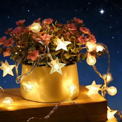 Fairy Lights - Mood Lighting - Indoor Christmas Lights - Fairy Lights - Stars and Bulbs - Party Lights - Living Room Decoration - Bedroom - Battery Operated - LED Lighting - Christmas Lights - 3 Meters - 20 Lights - Warm White - 1 Piece.