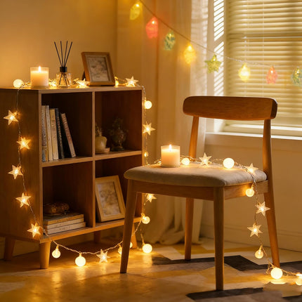 Fairy Lights - Mood Lighting - Indoor Christmas Lights - Fairy Lights - Stars and Bulbs - Party Lights - Living Room Decoration - Bedroom - Battery Operated - LED Lighting - Christmas Lights - 3 Meters - 20 Lights - Warm White - 1 Piece.