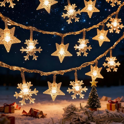 Indoor Christmas Lights - Star and Snowflake Light String - Christmas Decorations - Christmas Lights - Christmas Tree Lights - Living Room Mood Lighting - LED Lights - Window Decoration - Party Lights - Warm White - 1 Piece.