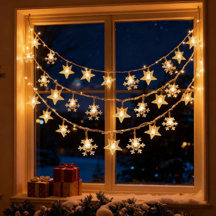 Indoor Christmas Lights - Star and Snowflake Light String - Christmas Decorations - Christmas Lights - Christmas Tree Lights - Living Room Mood Lighting - LED Lights - Window Decoration - Party Lights - Warm White - 1 Piece.