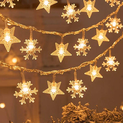 Indoor Christmas Lights - Star and Snowflake Light String - Christmas Decorations - Christmas Lights - Christmas Tree Lights - Living Room Mood Lighting - LED Lights - Window Decoration - Party Lights - Warm White - 1 Piece.