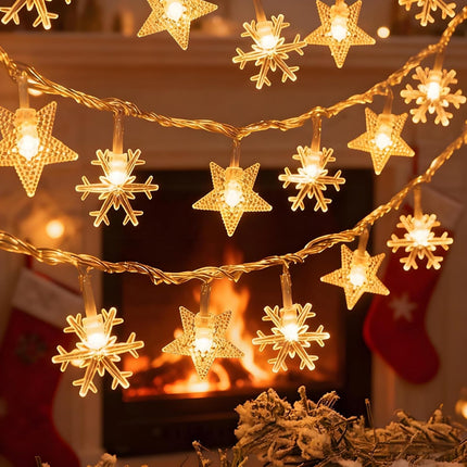 Indoor Christmas Lights - Star and Snowflake Light String - Christmas Decorations - Christmas Lights - Christmas Tree Lights - Living Room Mood Lighting - LED Lights - Window Decoration - Party Lights - Warm White - 1 Piece.