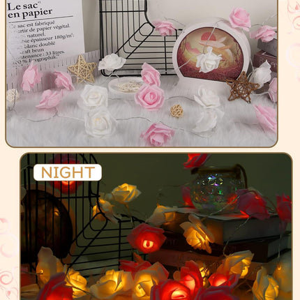 Rose Fairy Lights - Indoor Mood Lighting - Bedroom Decoration - LED Lights - Artificial Flowers - Wedding Decoration - Window Decoration - Valentine's Day Gift - Fairy Lights - Home Accessories - Party Lighting - Pink and White - 1 Piece.
