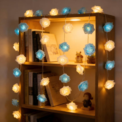 Rose Fairy Lights - Indoor Mood Lighting - Bedroom Decoration - LED Lights - Artificial Flowers - Window Decoration - Home Accessories - Fairy Lights - Wedding Decoration - Party Lighting - Blue and White - 1 Piece.