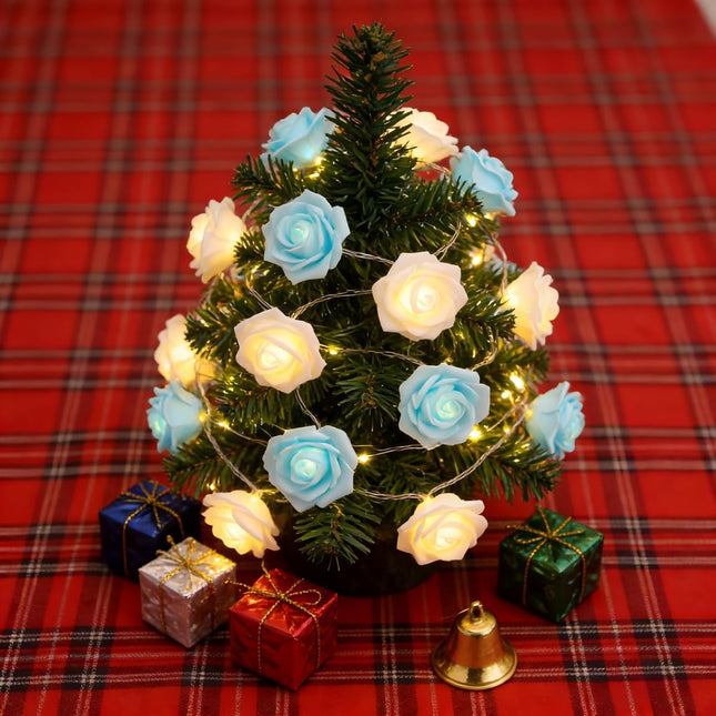 Rose Fairy Lights - Indoor Mood Lighting - Bedroom Decoration - LED Lights - Artificial Flowers - Window Decoration - Home Accessories - Fairy Lights - Wedding Decoration - Party Lighting - Blue and White - 1 Piece.
