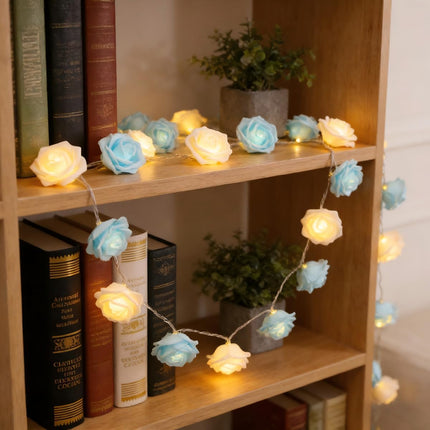 Rose Fairy Lights - Indoor Mood Lighting - Bedroom Decoration - LED Lights - Artificial Flowers - Window Decoration - Home Accessories - Fairy Lights - Wedding Decoration - Party Lighting - Blue and White - 1 Piece.