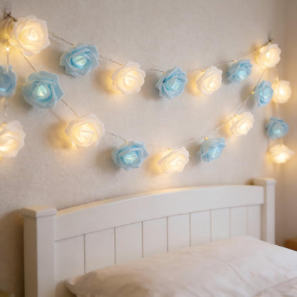 Rose Fairy Lights - Indoor Mood Lighting - Bedroom Decoration - LED Lights - Artificial Flowers - Window Decoration - Home Accessories - Fairy Lights - Wedding Decoration - Party Lighting - Blue and White - 1 Piece.