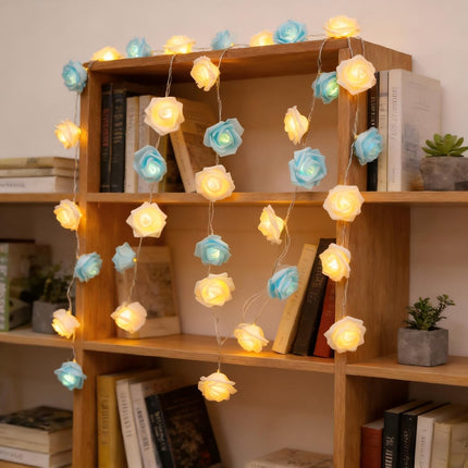 Rose Fairy Lights - Indoor Mood Lighting - Bedroom Decoration - LED Lights - Artificial Flowers - Window Decoration - Home Accessories - Fairy Lights - Wedding Decoration - Party Lighting - Blue and White - 1 Piece.