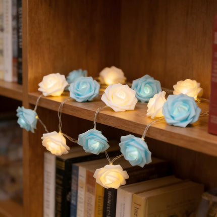 Rose Fairy Lights - Indoor Mood Lighting - Bedroom Decoration - LED Lights - Artificial Flowers - Window Decoration - Home Accessories - Fairy Lights - Wedding Decoration - Party Lighting - Blue and White - 1 Piece.