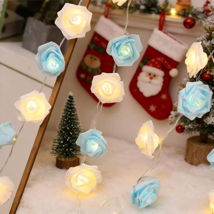 Rose Fairy Lights - Indoor Mood Lighting - Bedroom Decoration - LED Lights - Artificial Flowers - Window Decoration - Home Accessories - Fairy Lights - Wedding Decoration - Party Lighting - Blue and White - 1 Piece.